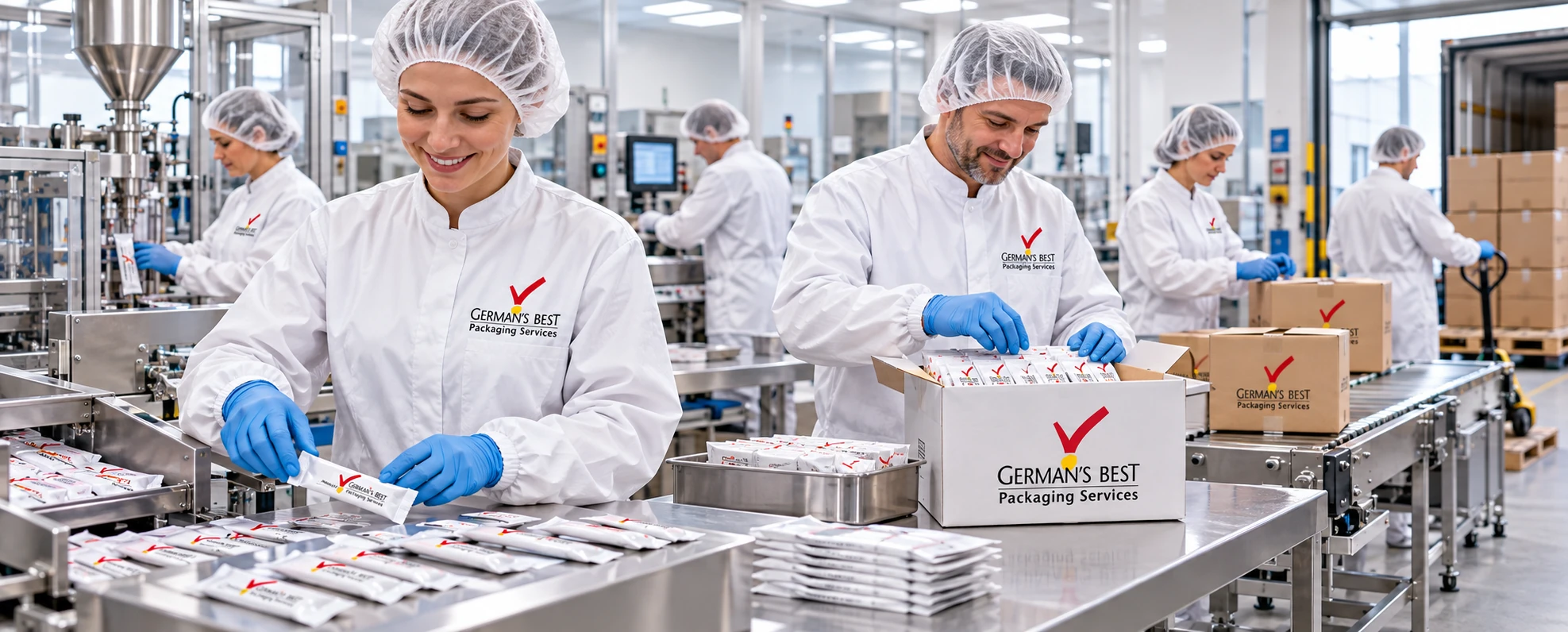 Mitarbeiterinnen und Mitarbeiter mit German’s-Best-Logo konfektionieren Portionsbeutel im Hygienebereich und bereiten Pakete für den Versand vor